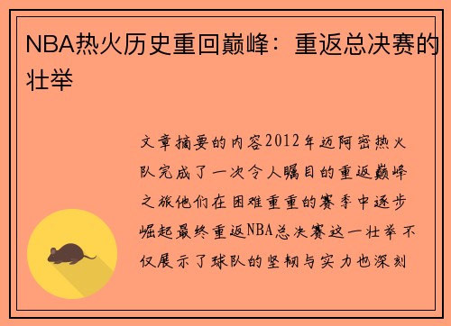 NBA热火历史重回巅峰：重返总决赛的壮举